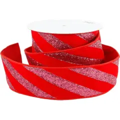 4" Red Velvet Glitter Stripe Ribbon: Pink (5 Yards)