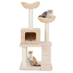 48 Inch Tall Cattail Cat Tower with 5 Full-Wrapped Scratching Posts and Soft Padded Cushions