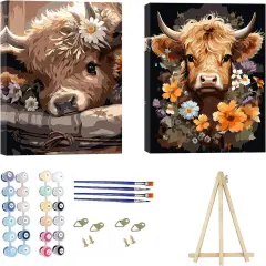 2 Pack Paint by Numbers Kit for Adults with Frame,Cattle Paint by Numbers for Adults, Paint by Number with Easel, DIY Paint by Number Kits for Home Wall Decor （11.8x15.7inch Cow）