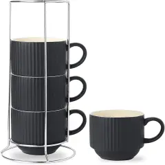 Coffee Mug Ceramic Set of 4 with Stand - 15 oz Stackable Large Porcelain Ribbed Latte Cup Set for Cappuccino, Tea, Hot Cocoa, Drinks - Dishwasher & Microwave Safe, Black