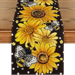 Black Sunflower Bee Flower Polka Dot Summer Table Runner, Seasonal Kitchen Dining Table Decoration for Indoor Party Home 13x72 Inch
