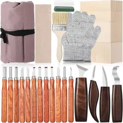 30 Pcs Wood Carving Tools Whittling Kit Include Hand Carving Knife Set Wood Blocks Cut Resistant Gloves Sawdust Brush Sharpening Stone Polishing Wax Sharpening Leather Storage Bag for Beginners