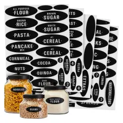 Talented Kitchen 158 Pieces Chalkboard Pantry Labels for Food Containers, Preprinted White All Caps on Black Stickers for Jars, Kitchen Canisters (Water Resistant)