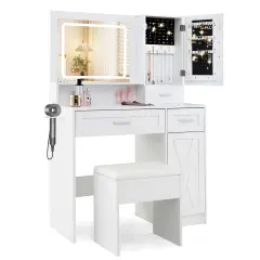 Makeup Vanity Desk with Mirror and Lights Dressing Table and Stool Set-White