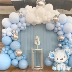 Baby Blue Balloon Garland Kit - 114pcs Macaron Blue Silver Balloon Arch with Matte Light Blue, Sky Blue and White Balloon, for Boy Birthday Wedding Elephant Baby Shower Party Decorations