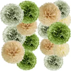 15 PCS Sage Green Pom Pom Decorations Sage Green Party Decorations Olive Green Decor Paper Flowers for Wall Sage Green Birthday Bridal Neutral Baby Shower Wedding Decor