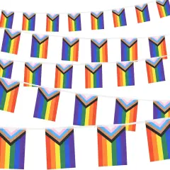 32.8ft 38 Pcs Progress Pride Pennant Flags Banner,Gay LGBTQ Rainbow Pride Banner Flag, Colorful Stripes Bunting Banner for Pride Decorations, Pride Month, Party, Restaurants, Garden Decor