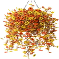 Artificial Fake Hanging Mums Flowers Plants Basket for Fall