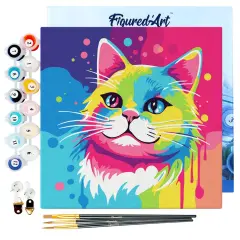 Figured'Art Mini Paint by Numbers Kit for Adults with Frame Cat Abstract Pop Art Small format 8"x8" - Craft Art Painting DIY Canvas Already Stretched on a Wooden Frame