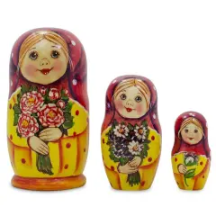 Set of 3 Girls with Flower BouquetNesting Dolls 4.25 Inches