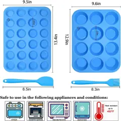 Silicone Muffin Pan Cupcake Set &ndash; Non-Stick 12 Cups and Mini 24 Cups,Silicone Baking Molds,BPA Free Muffin Tin with 1 Silicone Spatula & 1 Oil Brush (blue)