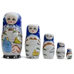 Set of 5 Winter Village Scene Nesting Dolls6.5 Inches