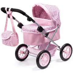 Bayer: Trendy Pram - Pink & Animal Print- Includes Shoulder Bag, Fits Dolls Up to 18", Adjustable Handle, Pretend Play, Shopping Basket