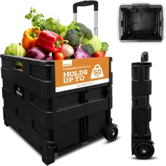 Ultra-Slim Rolling Collapsible Storage Pack-N-Roll Utility-carts, with Telescopic Handle, for Home, Garden, Shopping, Office, School use, Medium, Black