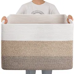 108L Super Large Blanket Basket, 25&rdquo;x16&rdquo;x16&rdquo;(108L) Rectangle Woven Baskets for Storage, Cotton Rope Basket For Living Room, Toy Storage with Handle- Gradient Brown