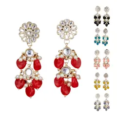 Indian Jhumka Earrings for Women - Large Floral Kundan Faux Pearls Drop Chanbali Earrings Indian Jhumki Ethnic Beaded Bollywood Style Dangle Earrings Jewelry for Bride Birthday Gift for Her RED
