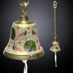Antique Brass Hanging Bells with Chain for Temple Pooja Room Mandir Decor Peacock Print Small Hanging Bell - 4.75x4 inch Puja Ghanti for Housewarming Gift (Chain Length With Hook 12 Inches) White