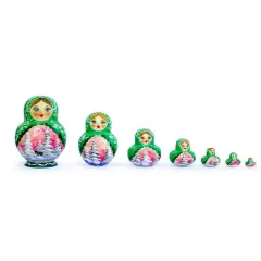 Set of 6 Horse in Winter Forest Green Dress Nesting Dolls 6 Inches