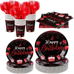 120 Pcs Happy Birthday Party Supplies Disposable Party Tableware Serves 24 Included 7 Inch 9 Inch Plates Napkins Cups Forks for Men Woman 50th Birthday Party Decorations (Black and Red)