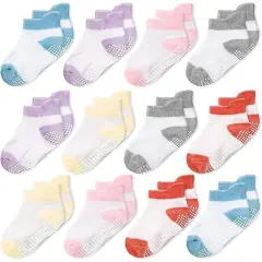 CozyWay Baby Girl Socks With Grippers - Non Slip Ankle Grip Socks for Girls Babies Infants - Soft Comfy Cotton - For Ages 1-11 Months - Multi Color - 12 Pack Multicolor