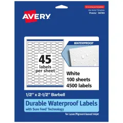 Avery Durable Waterproof Barbell Labels with Sure Feed, 1/2" x 2.5"