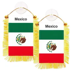 G128 2 Pack: Mexico Mexican Fringy Flag | 3x5IN | Fringy Hanging Double Sided Flag with Suction Cup, Window and Car Rearview Mirror Decor