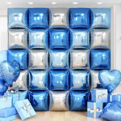 Blue Silver Square Foil Balloon Wall,25Pcs Double Sided Balloon Backdrop Helium Mylar Balloon Tunnel Arch Garland Kit for Birthday Bridal Anniversary Baby Shower Party Decorations