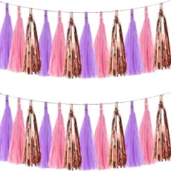 Purple Pink Rose Gold Tissue Paper Tassels Party Tassel Garland Banner for Purple Pink Birthday Party Decorations Girl Birthday Party Decorations, DIY Kits,15PCS