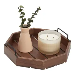 Farmlyn Creek Decorative Rustic Wooden Serving Tray with Metal Handles for Candles, Coffee Table, Farmhouse Home Decor (11.75 x 11.75 x 2.75 In) Brown