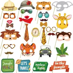 Jungle Safari Photo Booth Props Wild One Party Selfie Props for Funny Jungle Animals Birthday Forest Themed Baby Shower Party Supplies Backdrop 30PCS