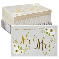 48 Pack Thank You From The New Mr and Mrs Cards for Wedding, Bulk Gold Foil Cards with Decorative Striped Envelopes, Blank on the Inside (4 x 6 In) Multicolor