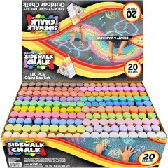 180 PCS Washable Sidewalk Chalks Set in 20 Colors Non-Toxic Jumbo Chalk for Outdoor Art Play, Painting on Chalkboard, Blackboard and Playground