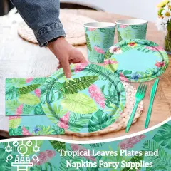 142Pcs Hawaiian Summer Party Plates and Napkins Tropical Party Decorations Palm Leaves Tableware