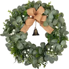 24" Eucalyptus Front Door Wreath with Burlap Bow Metal Bell for Summer Wreath Green Decor for Home Farmhouse