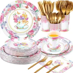 350 Pcs Tea Party Supplies Summer Tea Party Tableware Set Disposable Plates Napkins Paper Cups Plastic Cutlery Set