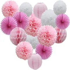 16pcs Pink Party Decorations Paper Pom Poms Honeycomb Balls Lanterns Tissue Fans for Birthday Wedding Baby Shower Graduation Valentine Party Supplies
