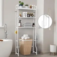 3-Tier Industrial Over-The-Toilet Storage Shelf | Freestanding Bathroom Organizer with Toilet Paper Holder & 4 Hooks | Heavy-Duty Metal Wire Rack, Space-Saving Brown Design