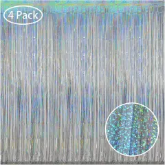 Silver Foil Curtain Tinsel Backdrop, 3.2 ft x 8 ft Tinsel Foil Fringe Curtains Backdrop, Sparkle Metallic Foil Curtains for Party Photo Booth Decoration