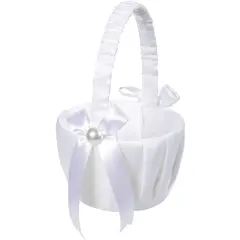 White Flower Girl Basket with Satin Bowknot & Pearl Design 8 x 5.2 x 6 Inch, Flower Petal Basket Ideal for Wedding Party, Elegant Ceremony Accessories, For Ages 3-4