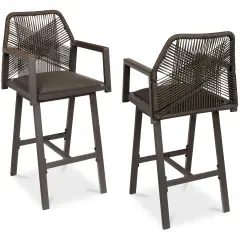 Best Choice Products Set of 2 Indoor/Outdoor Aluminum, Woven Rope Swivel Barstools w/ Armrests Brown/Mocha