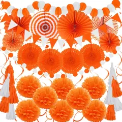Party Decorations, 41 Pcs Orange Papar Fans Pompoms Garlands, Banner String Tissue Paper Tassel for Halloween New Years Spring Festival Wedding Birthday Party