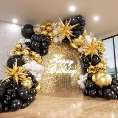 Black and Gold Balloon Garland Arch Kit, 185Pcs Explosion Star Black White Metallic Gold Confetti Latex Balloons for Birthday Anniversary Wedding Engagements Baby Shower Party Decorations