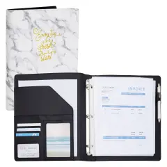 Marble and Gold Foil 3 Ring Binder with Pockets, Portfolio Organizer with Clipboard (10.5 x 12.5 Inches) White