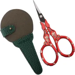 Antique Embroidery Scissors with Case, Needlework Scissors for Sewing Crafting Cross Stitch Crochet Yarn, Detail Shears Threading Snips Vintage Golden Red