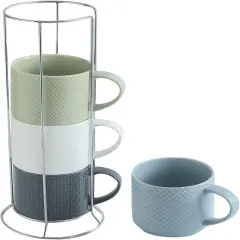 Coffee Mugs, Stackable Porcelain Coffee Cups Gift Set of 4 with Metal Stand