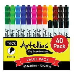 Artellius 40 Pack of Dry Erase Markers (12 ASSORTED COLORS W/ 7 EXTRA BLACK) - Thick Barrel Design - Perfect Pens For Writing on Whiteboards, Dry-Erase Boards, Mirrors, & All White Board Surfaces Multicolor