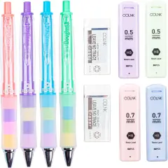Mechanical Pencil Set with Lead and Erasers, 4 Drawing Mechanical Pencils 0.5 & 0.7mm, with 4 Tubes of HB Lead Refills and 2 Extra Erasers for School Office Writings