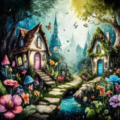 Flowers Paint by Number for Adult, Fairy Garden Painting by Number Kits On Canvas, DIY Tiny Houses Oil Painting Acrylic Paints, Frameless Paint by Numbers