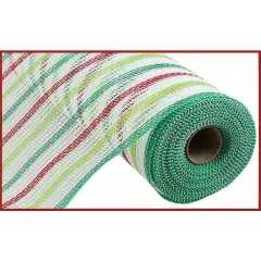 10" Faux Jute Stripe Mesh Ribbon: White, Red, Green (10 Yards)