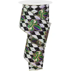 2.5" Fleur De Lis Harlequin Ribbon: Mardi Gras (10 Yards)